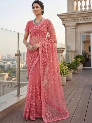 Pink embellished embroidered net designer saree 2