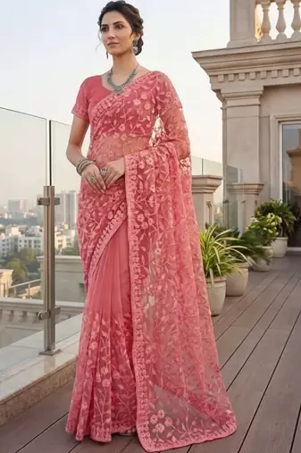 Pink embellished embroidered net designer saree