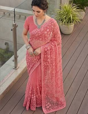 Pink embellished embroidered net designer saree 3
