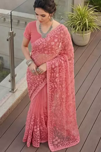 Pink embellished embroidered net designer saree