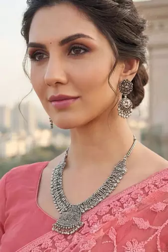 Pink embellished embroidered net designer saree