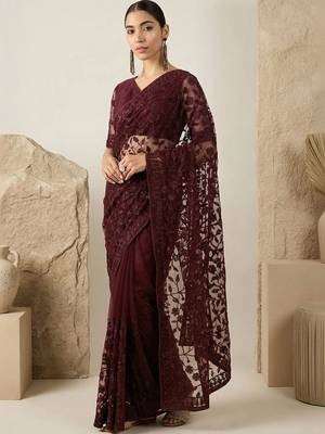 Maroon floral embroidered net designer saree 1