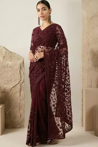 Maroon floral embroidered net designer saree