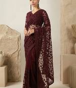Maroon floral embroidered net designer saree