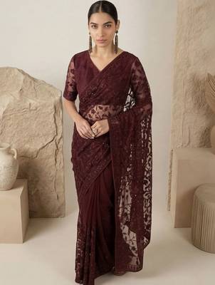 Maroon floral embroidered net designer saree 2