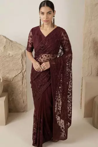 Maroon floral embroidered net designer saree