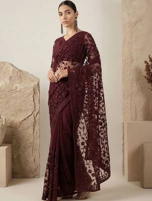 Maroon floral embroidered net designer saree 3