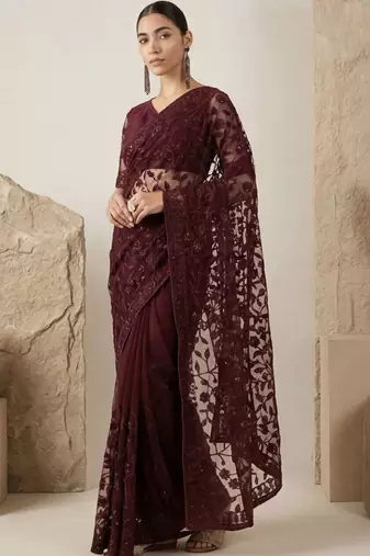 Maroon floral embroidered net designer saree