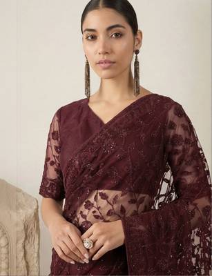 Maroon floral embroidered net designer saree 4