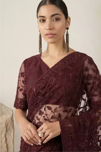 Maroon floral embroidered net designer saree