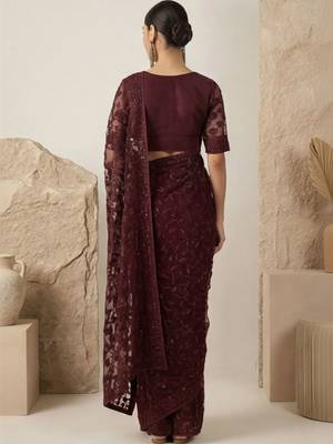 Maroon floral embroidered net designer saree 5