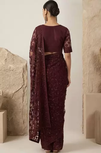 Maroon floral embroidered net designer saree
