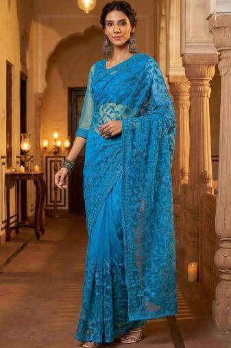 Blue embellished embroidered net designer saree