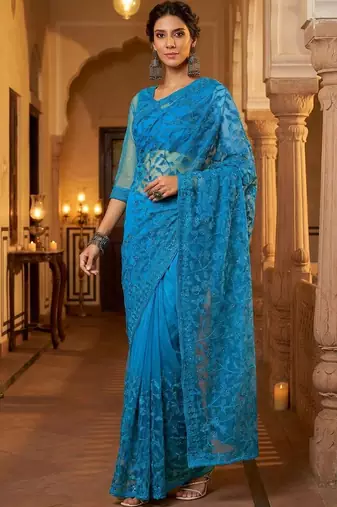 Blue embellished embroidered net designer saree