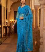 Blue embellished embroidered net designer saree