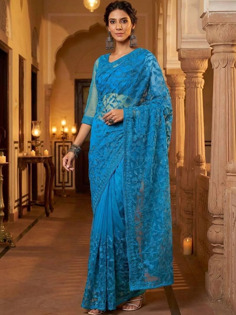Blue embellished embroidered net designer saree