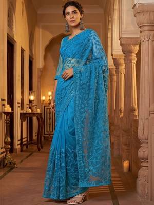 Blue embellished embroidered net designer saree 2