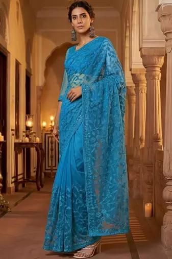 Blue embellished embroidered net designer saree
