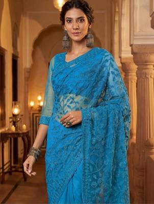 Blue embellished embroidered net designer saree 3