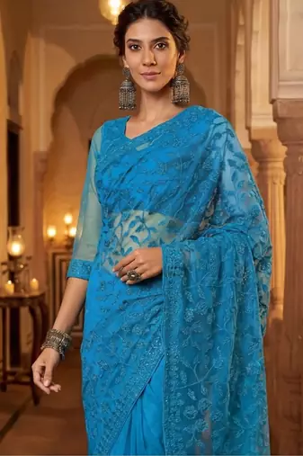 Blue embellished embroidered net designer saree