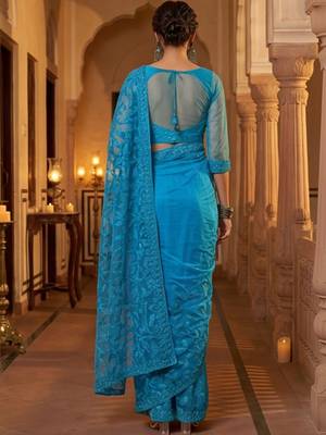 Blue embellished embroidered net designer saree 4