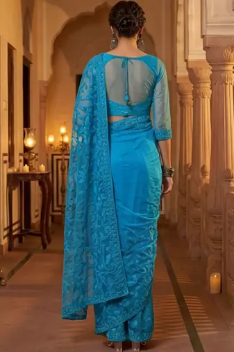 Blue embellished embroidered net designer saree
