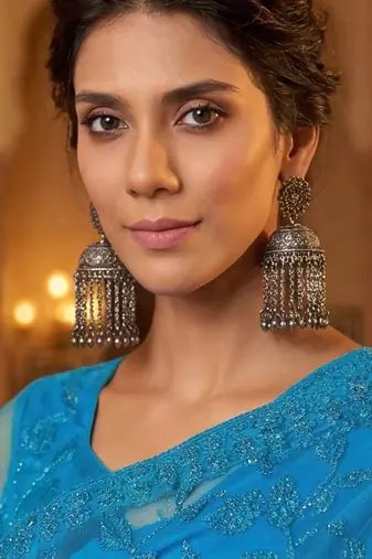 Blue embellished embroidered net designer saree
