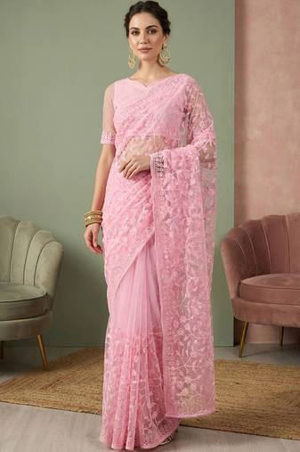 Pink embellished embroidered net designer saree