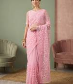 Pink embellished embroidered net designer saree
