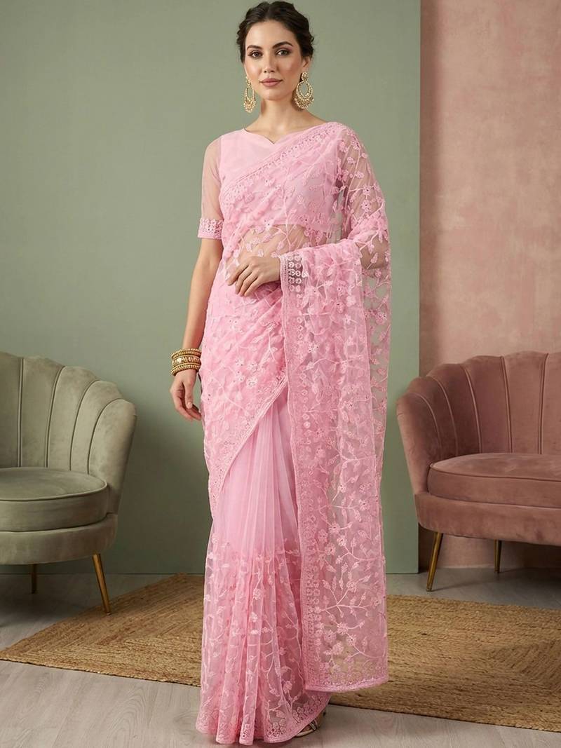 Pink embellished embroidered net designer saree