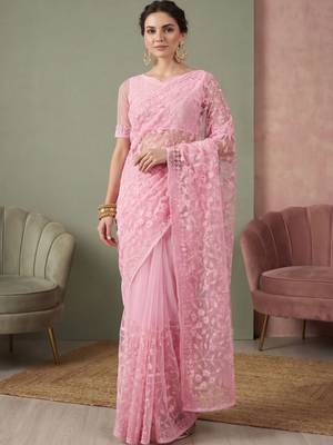 Pink embellished embroidered net designer saree 2