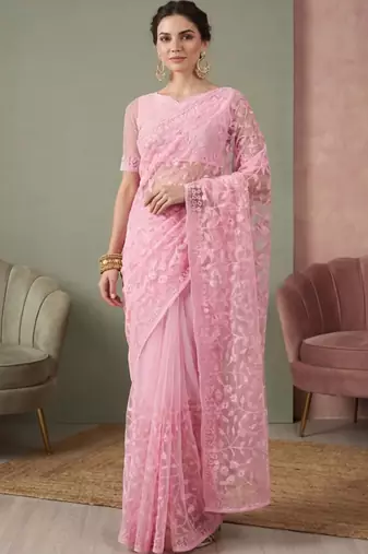 Pink embellished embroidered net designer saree
