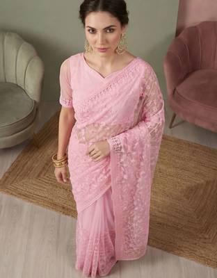 Pink embellished embroidered net designer saree 3