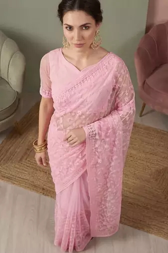 Pink embellished embroidered net designer saree