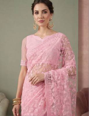 Pink embellished embroidered net designer saree 5