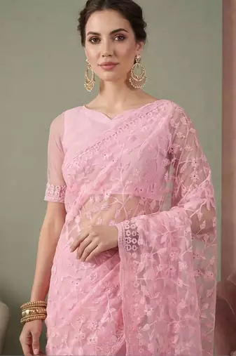 Pink embellished embroidered net designer saree
