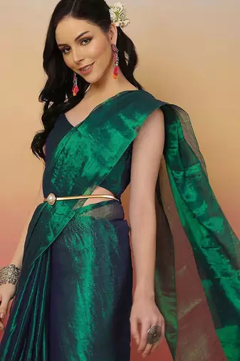 Green zari tissue saree with unstitched blouse