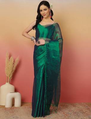Green zari tissue saree with unstitched blouse 2