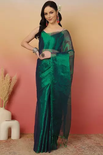 Green zari tissue saree with unstitched blouse