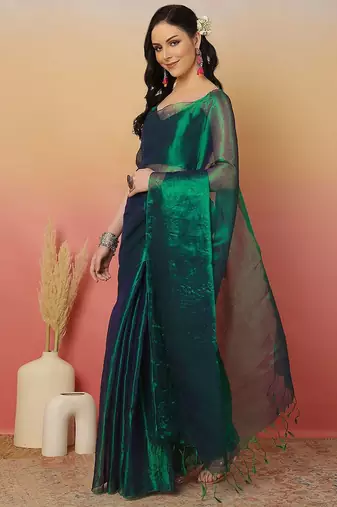 Green zari tissue saree with unstitched blouse