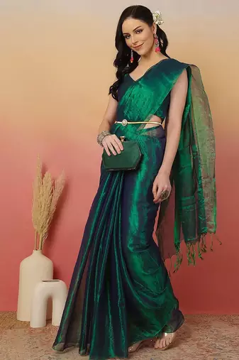 Green zari tissue saree with unstitched blouse