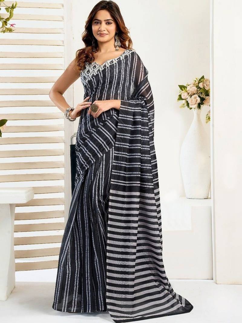 Black black linen printed ready to wear saree