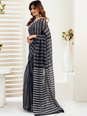 Black black linen printed ready to wear saree 3