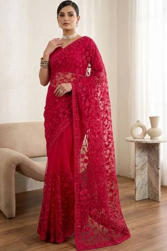 Red embellished embroidered net designer saree
