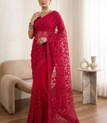 Red embellished embroidered net designer saree