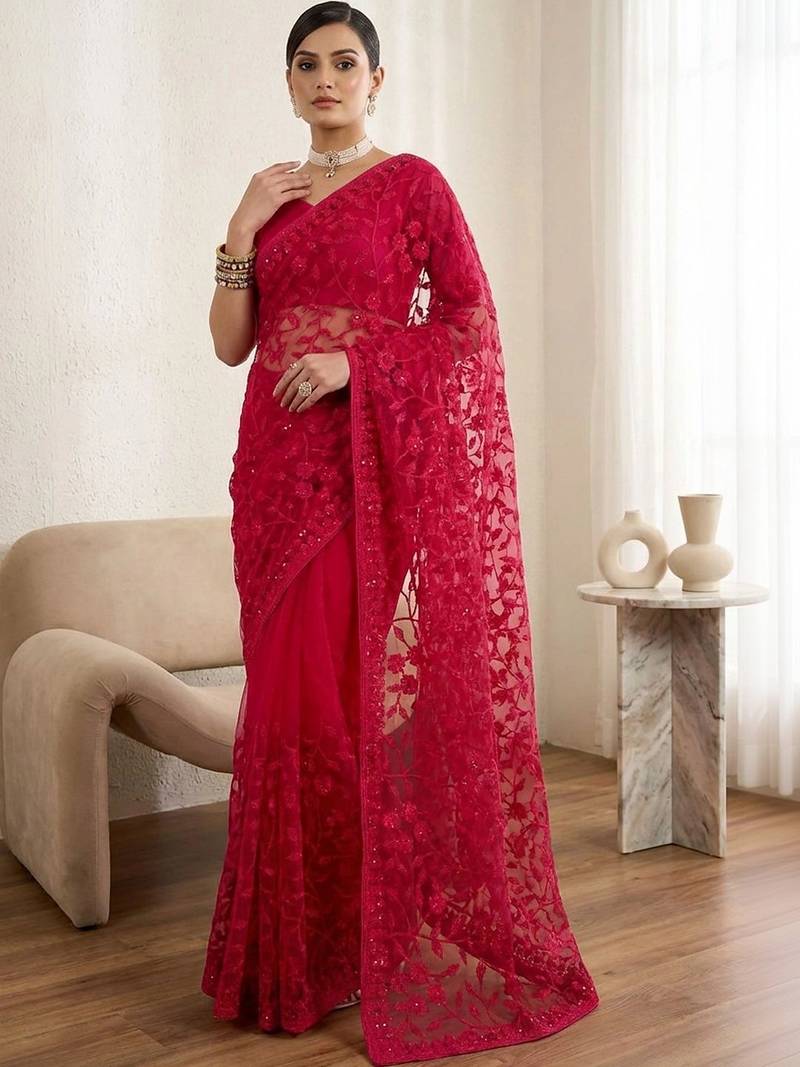 Red embellished embroidered net designer saree