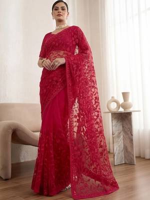 Red embellished embroidered net designer saree 2