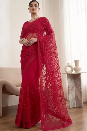 Red embellished embroidered net designer saree