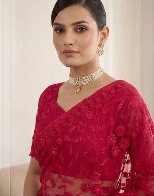 Red embellished embroidered net designer saree 4
