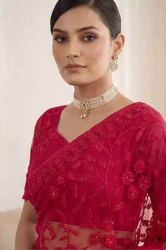 Red embellished embroidered net designer saree